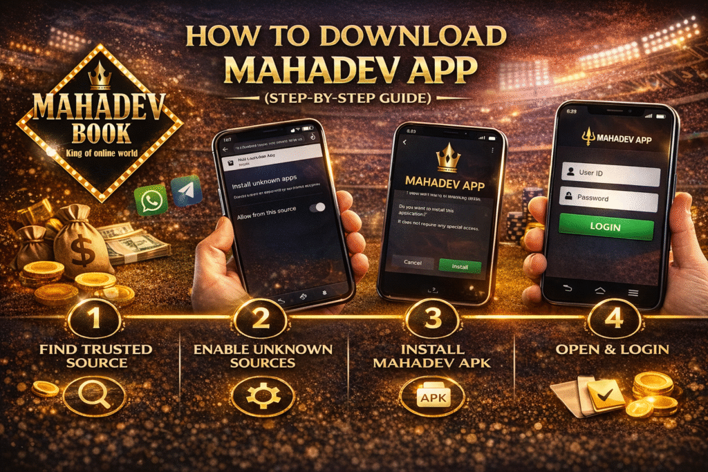 How to download Mahadev App step by step guide showing APK install process login screen and Mahadev Book logo