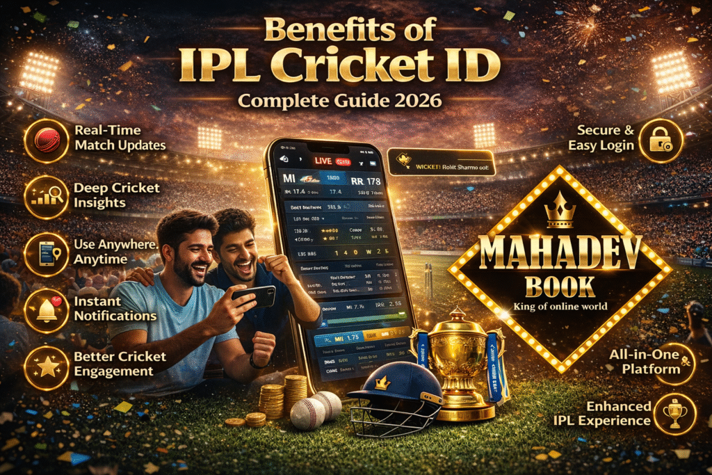 Benefits of IPL Cricket ID with Mahadev Book logo showing live match updates and analytics dashboard