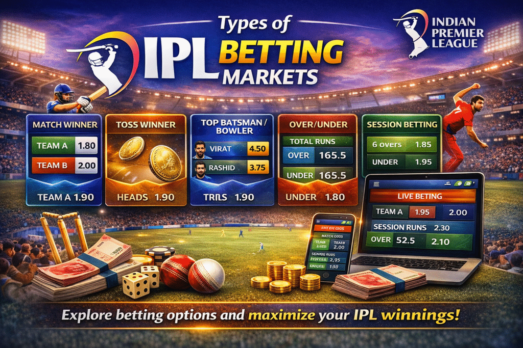 Types of IPL betting markets including match winner, toss, over under, session betting and live betting in Indian Premier League