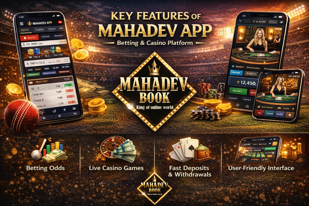 Mahadev App key features including betting odds, live casino games, fast deposits and user friendly interface with Mahadev Book logo