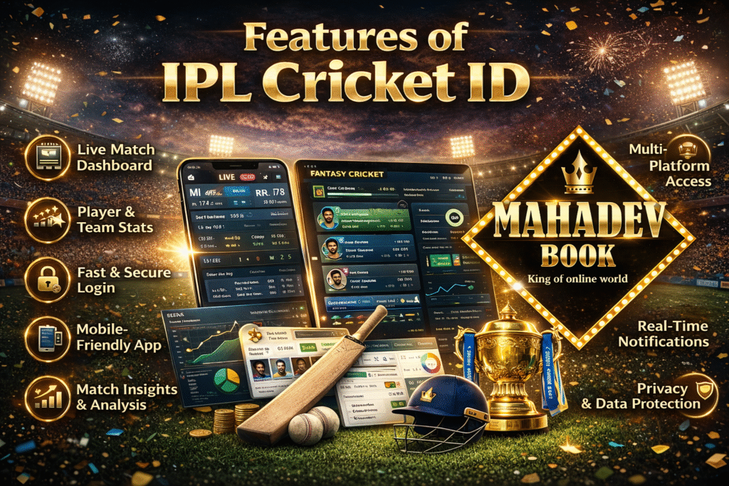 Features of IPL Cricket ID dashboard with Mahadev Book logo and live match stats