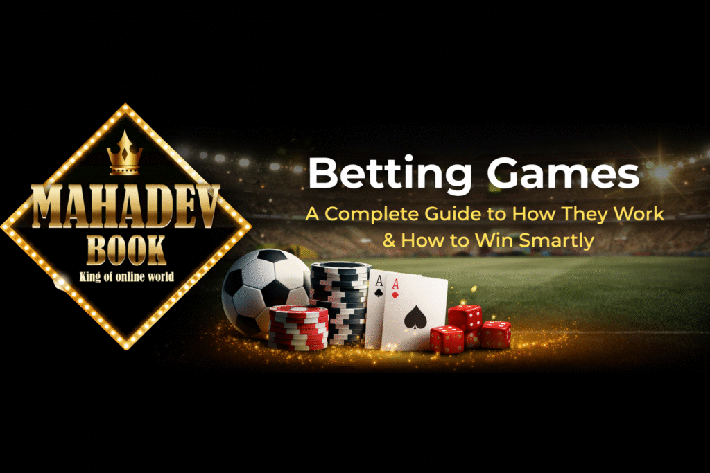 Mahadev Book betting games guide banner with casino elements, cricket betting and online betting games platform India