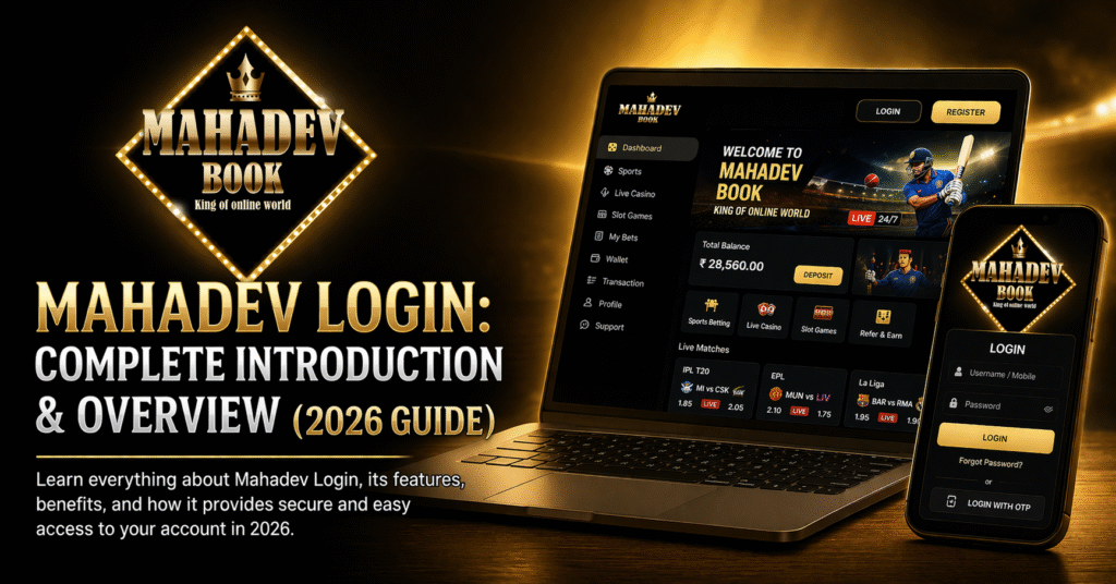 Mahadev Login banner with logo and dashboard interface 2026