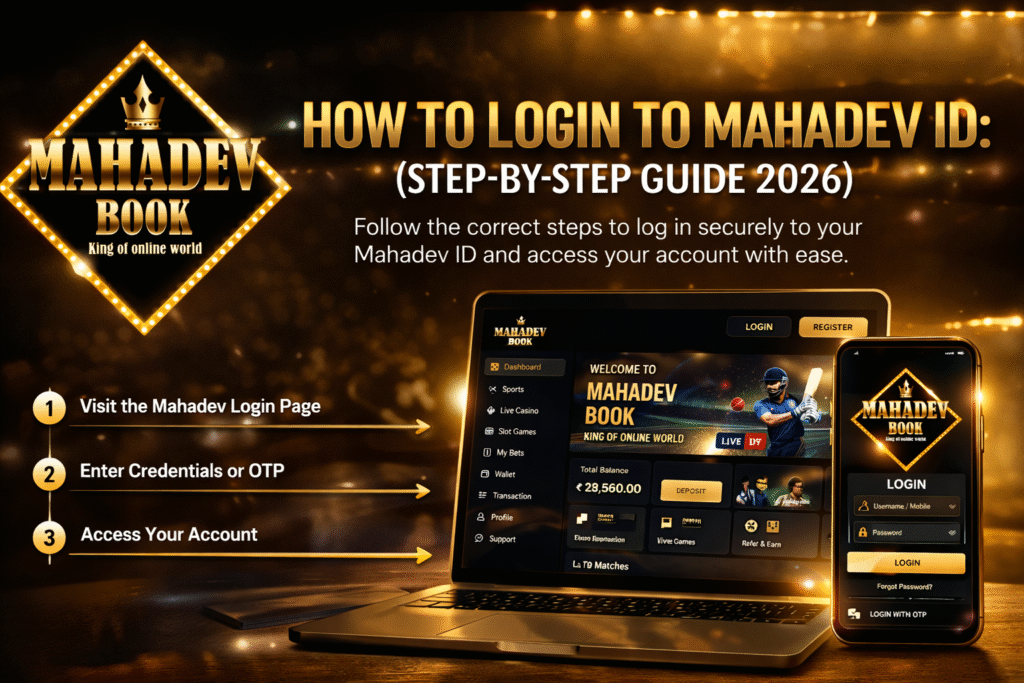 Mahadev login step by step guide with logo and dashboard interface 2026
