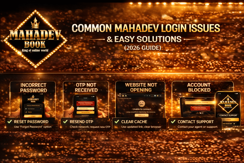 Common Mahadev login issues and solutions banner with logo and troubleshooting steps