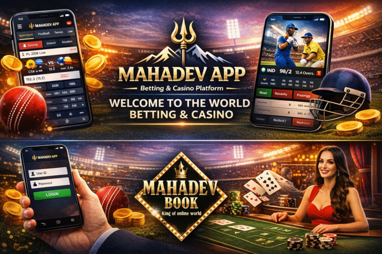 Mahadev App dashboard, login screen and live casino betting interface with Mahadev Book logo