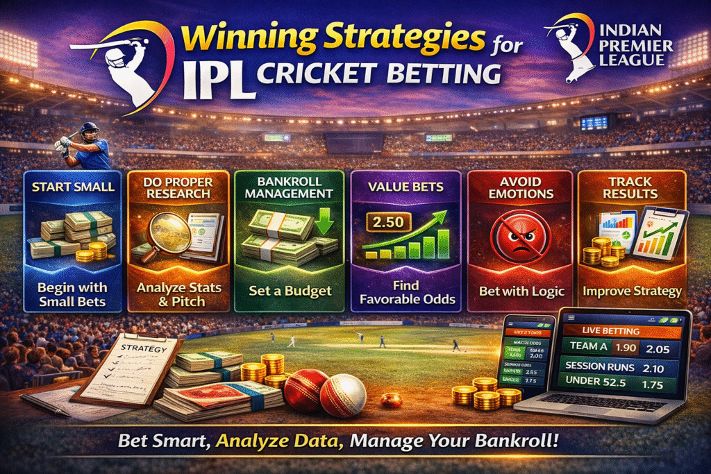 IPL cricket betting strategies including bankroll management, value betting, live betting and match analysis in Indian Premier League
