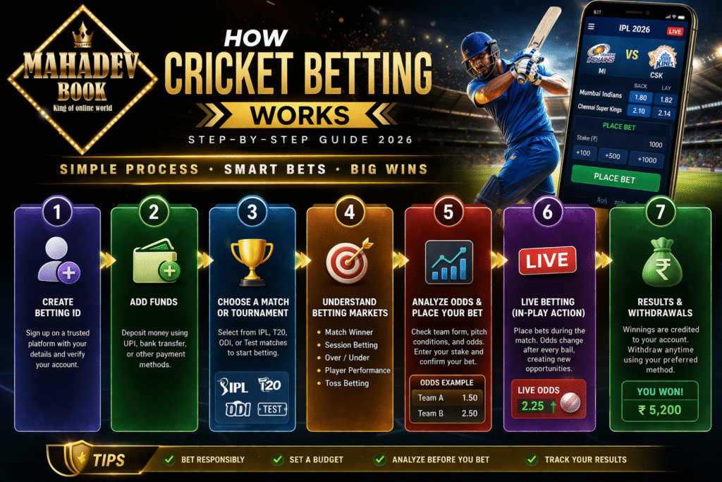 How cricket betting works step by step Mahadev Book IPL 2026 live betting guide online cricket betting India process