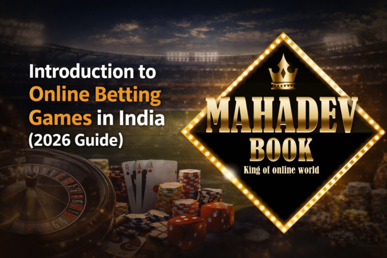 Online Betting Games in India 2026 guide with Mahadev Book logo and casino betting visuals