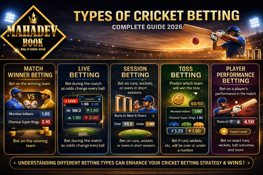 Types of cricket betting Mahadev Book IPL 2026 match winner live betting session betting player betting online cricket betting India