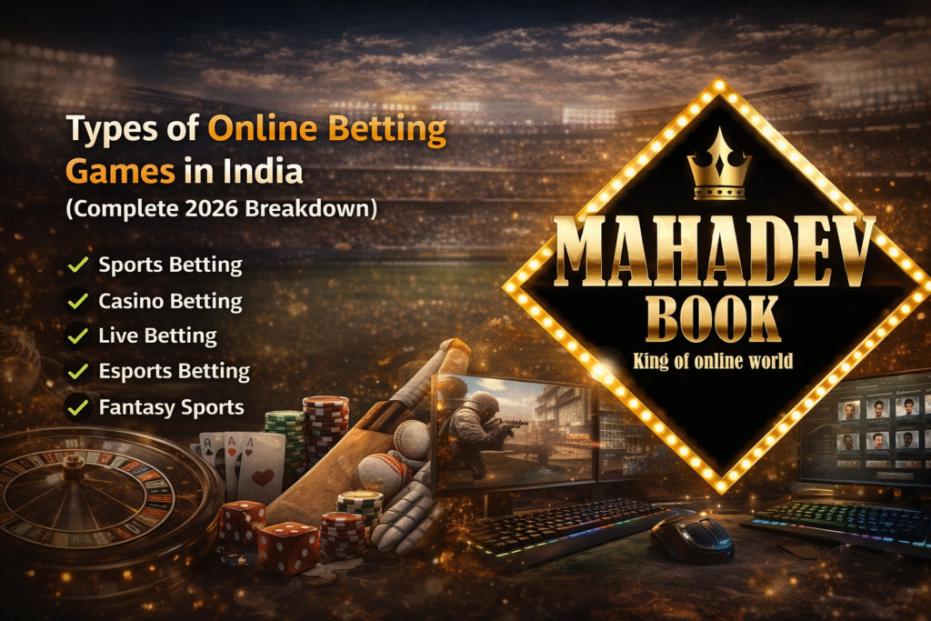 Types of Online Betting Games in India 2026 including sports betting, casino, esports and fantasy sports with Mahadev Book logo