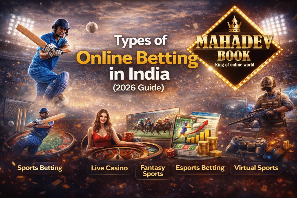 Types of online betting in India 2026 including sports betting, live casino, fantasy sports, esports betting and virtual sports with Mahadev Book